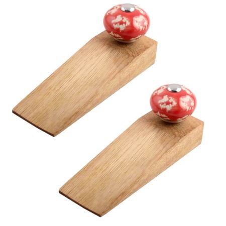 2 Pieces Red Etched Ceramic Wooden Door Stopper